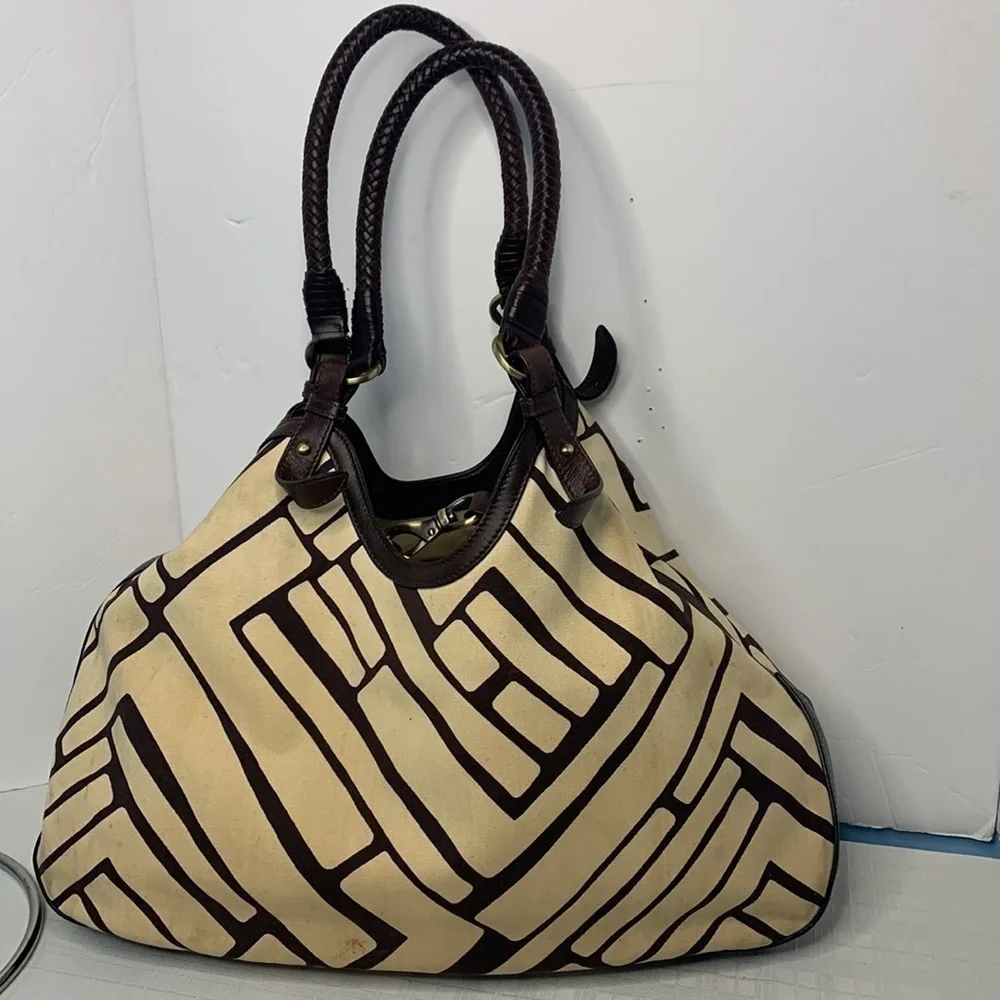 Cole Haan GENEVIEVE Triangle Leather & Woven Canvas Tote